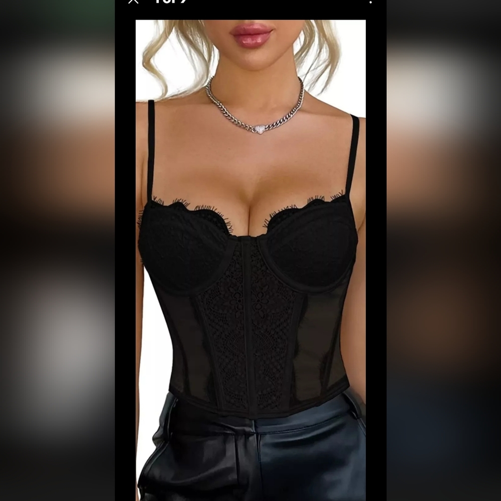 Modegal Hot Item! Lace Mesh Bustier Fish Boned Push Up Sheer Spaghetti Straps. M